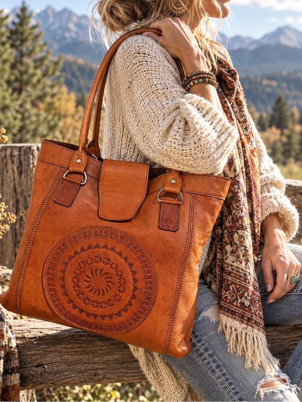 Vintage Cognac Leather Embossed Boho Tote Bag EUC
